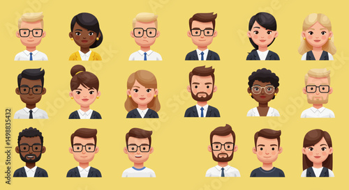 Diverse Cartoon Business Professionals with Varied Hairstyles and Attire
