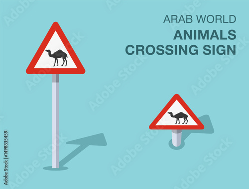 Traffic regulation rules. Isolated Arab world "animals crossing" road sign. Front and top view. Flat vector illustration template.