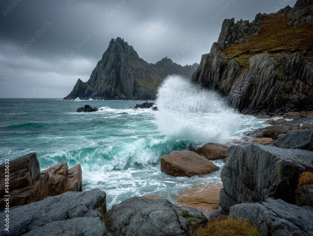 Fototapeta premium Dramatic Ocean Waves Crashing on Rocky Coast