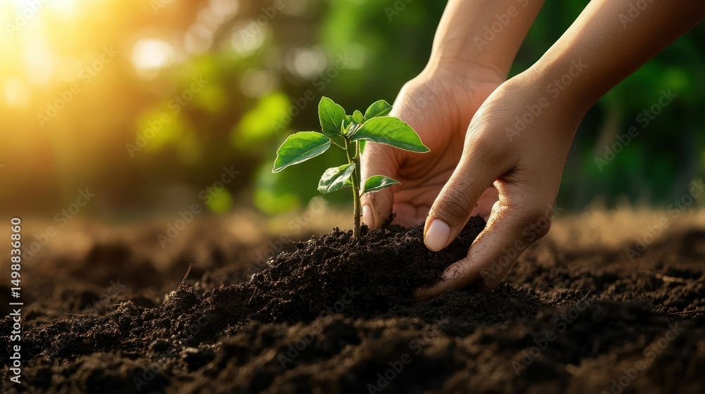 Fototapeta premium Nurturing New Life: Hands Gently Planting a Sapling in Rich Soil