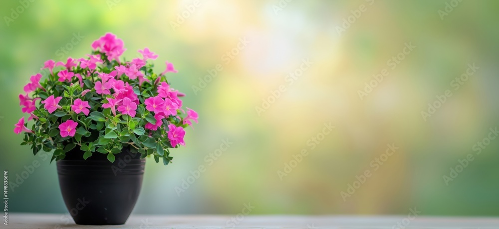 Vibrant pink flowers in black pot against soft blurred background Vibrant pink flowers in black pot against soft blurred background