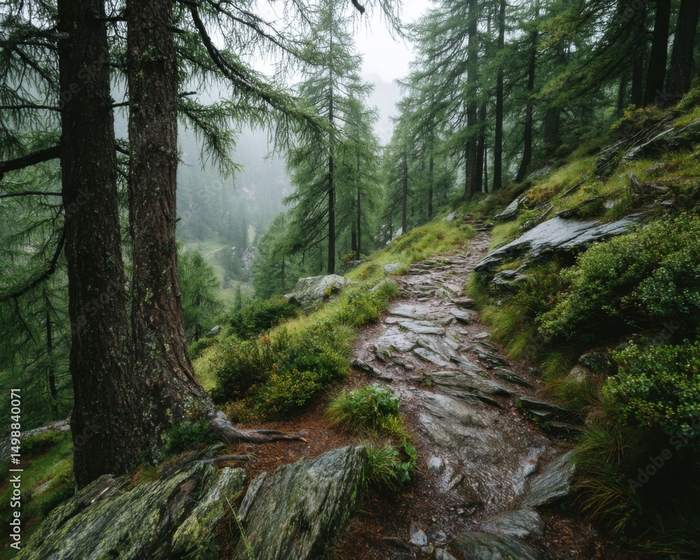 Fototapeta premium Rainy Forest Path Winding Through Lush Green Mountains