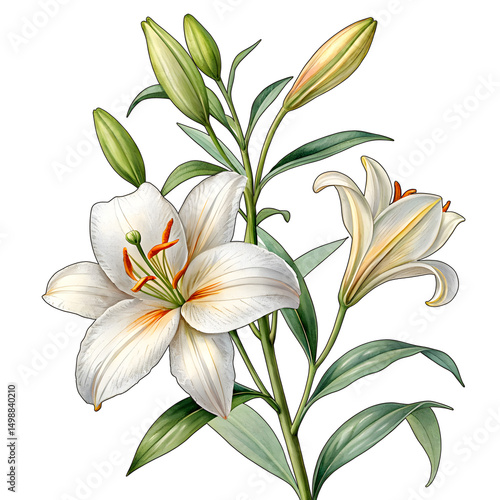 botanical illustration white lily flowers