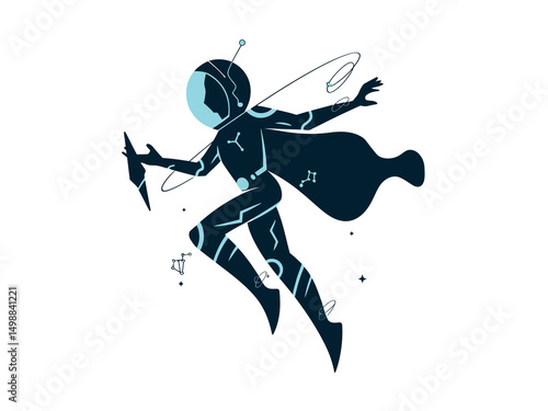 A stylized silhouette of a female astronaut in a sleek, futuristic spacesuit 