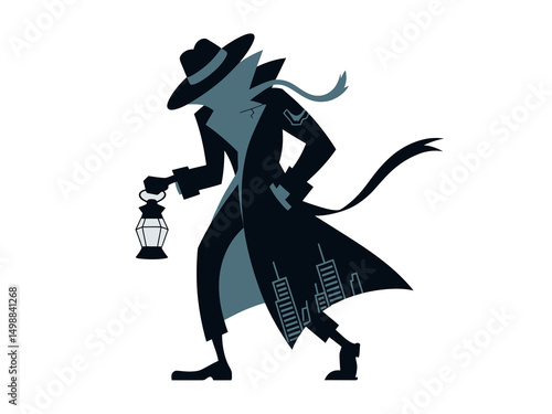 Silhouette of a Detective with a Lantern, Exploring a City at Night
