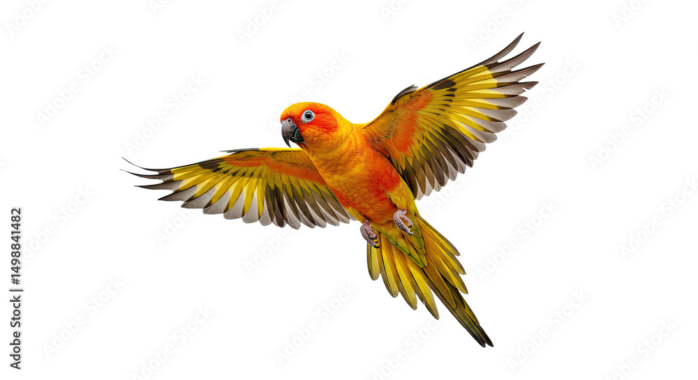 Fototapeta premium A vibrant Aratinga solstitialis, or Sun Parakeet, captured beautifully in flight and isolated on a transparent background. Perfect for tropical bird, exotic animal, and nature themes.
