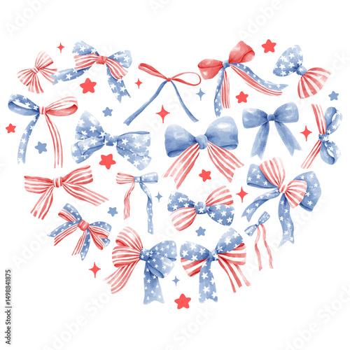 Watercolor Patriotic Bows in Heart Shape, 4th of July Red White Blue Ribbons, American Flag Independence Day Decor