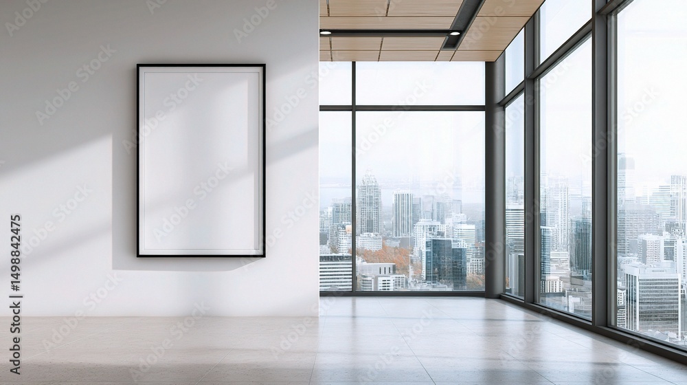 Modern Office Interior with Empty Frame on White Wall and City View Modern Office Interior with Empty Frame on White Wall and City View