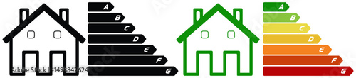 Housing energy efficiency rating certification system. Energy class concept with house and consumption bar. Graphic certification system element. Eco chart