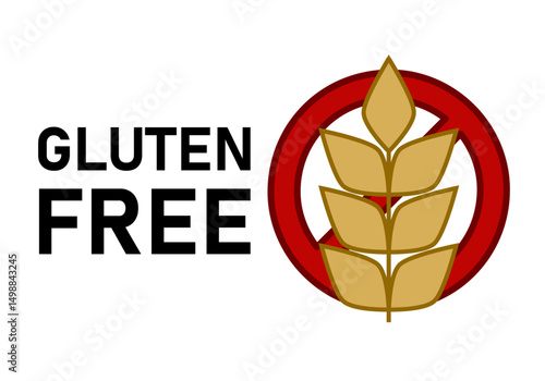 Etiqueta de libre de gluten con espiga de trigo y señal roja de prohibido