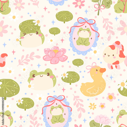 Cute Frog and Duck Seamless Pattern, Kawaii Lily Pad and Lotus Flowers, Pastel Spring Nursery Background
