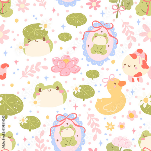 Cute Frog and Duck Seamless Pattern, Kawaii Lily Pad and Lotus Flowers, Pastel Spring Nursery Background