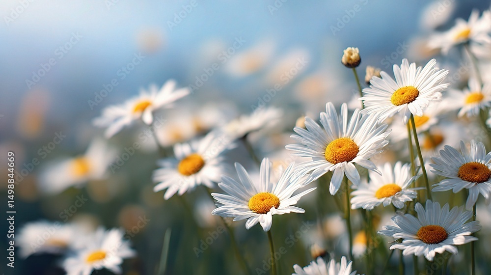 Fototapeta premium Blooming Daisies in Soft Spring Sunlight Field Scene