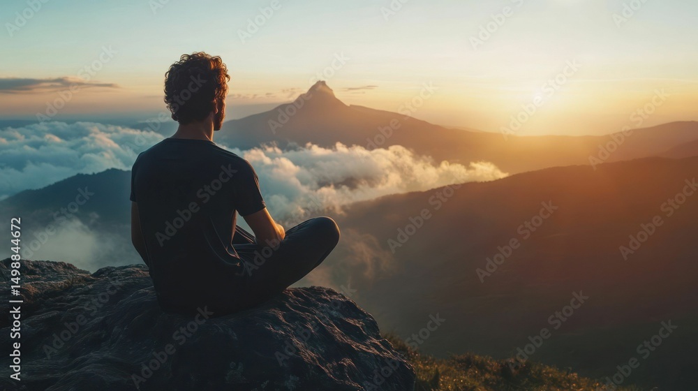 Serene Sunset Meditation: A Man Contemplates Mountain Majesty at Golden Hour Serene Sunset Meditation: A Man Contemplates Mountain Majesty at Golden Hour