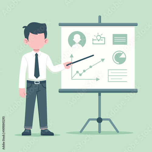 Flat vector of faceless businessman presenting charts and data. Ideal for business, training, and infographic use. Animation-ready design.