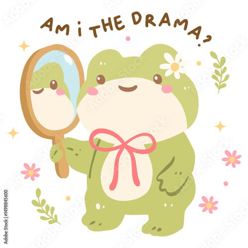 Cute Frog Looking in Mirror with Quote “Am I the Drama?”, Kawaii Pastel Animal Illustration, Funny Self Reflection Design