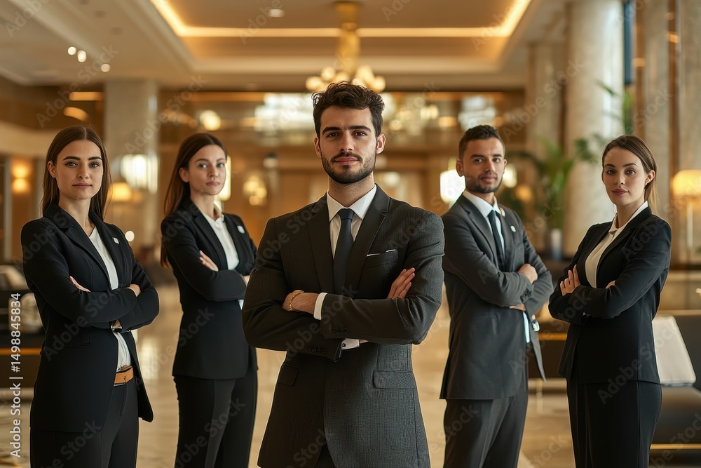 Fototapeta premium Hotel staff team presents professionalism and unity in a welcoming lobby setting during a busy day at a luxury hotel