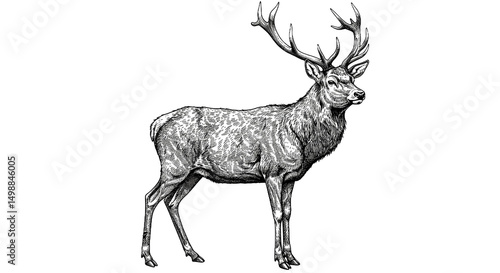 Photos A classic vintage engraved illustration of a deer, featuring a wild doe and majestic stag, rendered as an ink sketch