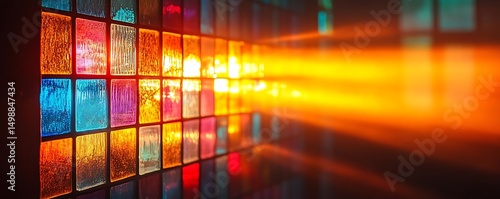 Colorful glass blocks, light beam, dark background