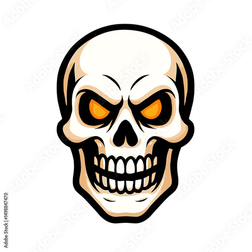 Evil cartoon skull face with glowing eyes and sharp grin