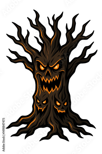 Haunted Halloween tree with glowing jack-o'-lantern faces