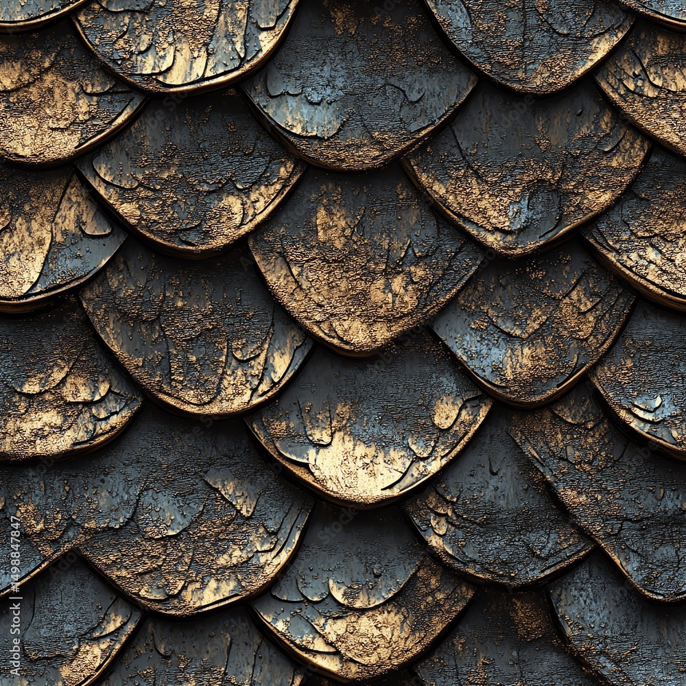Textured metal roof with scales and golden accents. Textured metal roof with scales and golden accents.