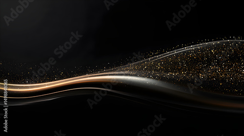 Black background with glitter trails and golden light particles, modern new year theme
