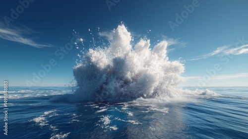 Ocean Explosion: A powerful explosion erupts from the ocean, sending a massive plume of white water and mist into the clear blue sky.