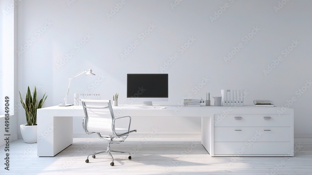 Fototapeta premium Minimalist White Desk Setup in Empty Modern Office Space