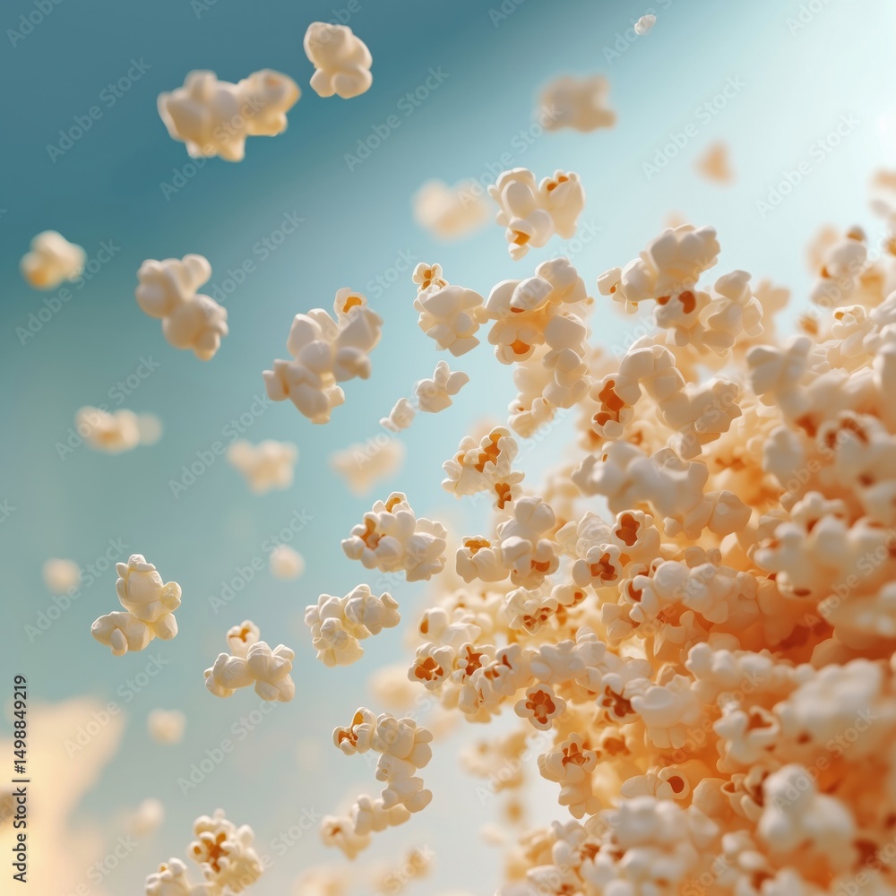 Exploding popcorn kernels creating a dynamic and playful food scene Exploding popcorn kernels creating a dynamic and playful food scene