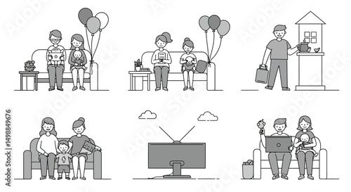 Monochrome Family Scenes Sofa Time Balloons and Travel
