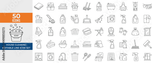 House Cleaning Line Icon Set – Washing, Vacuum, Detergent, Cleaning Tools, Appliances – Editable Stroke Vector illustration