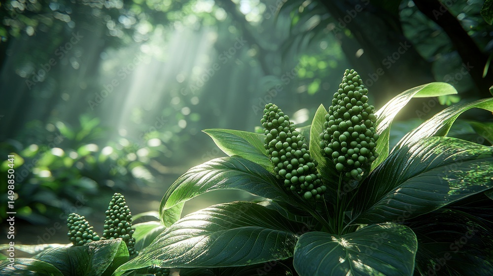 Fototapeta premium Lush jungle flora bathed in sunlight