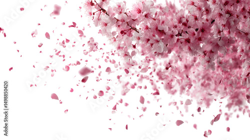 Pink cherry blossom petals falling isolated, transparent background.