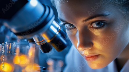 Scientific Exploration: A focused scientist peers into a microscope, illuminating the dedication of discovery, innovation, and study in the realm of research and development.