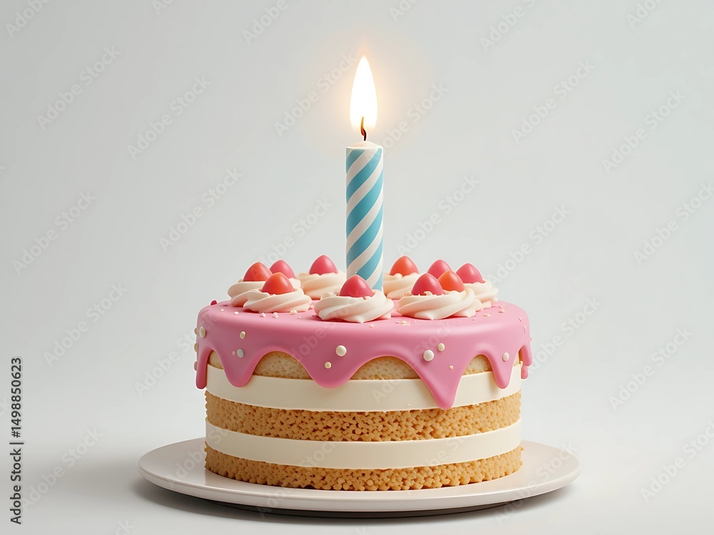 Cute cartoon birthday cake with oversized candle, smooth fondant detail, plain white background. Happy birthday cake. Pink birthday cake. Cute cartoon birthday cake with oversized candle, smooth fondant detail, plain white background. Happy birthday cake. Pink birthday cake.
