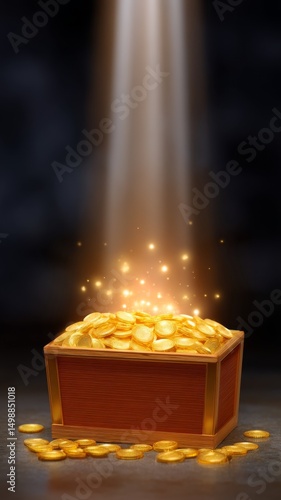 Glowing Treasure Chest Overflowing with Golden Coins Illuminated by a Beam of Light in a Dark Setting