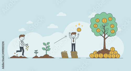 Businessman Cultivating a Money Tree From Seed to Success
