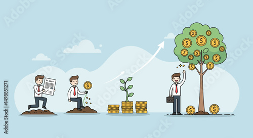 Cartoon progression of investment from document to coin tree harvest