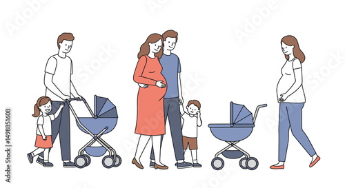 Expectant Families with Strollers and Children in Simple Line Art Style