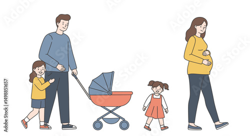 Family Walking Together Featuring Expectant Mother and Stroller