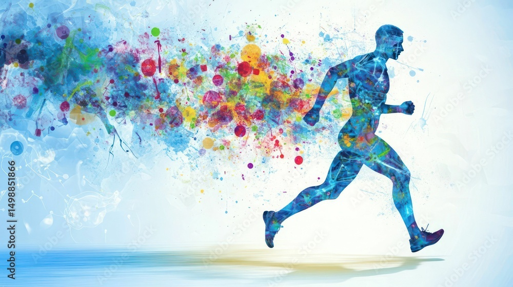 Naklejka premium Dynamic Runner Silhouette with Vibrant Watercolor Burst