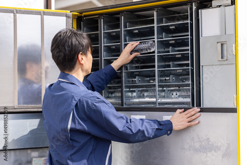 自販機の補充をする男性