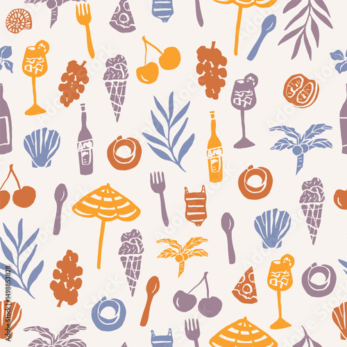 Flat vector whimsical doodle beach seamless pattern