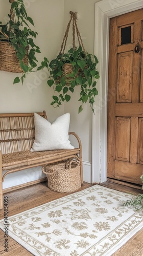 This entryway showcases a bamboo bench accompanied by natural fiber baskets and vibrant hanging plants, creating a warm and welcoming atmosphere in any home.