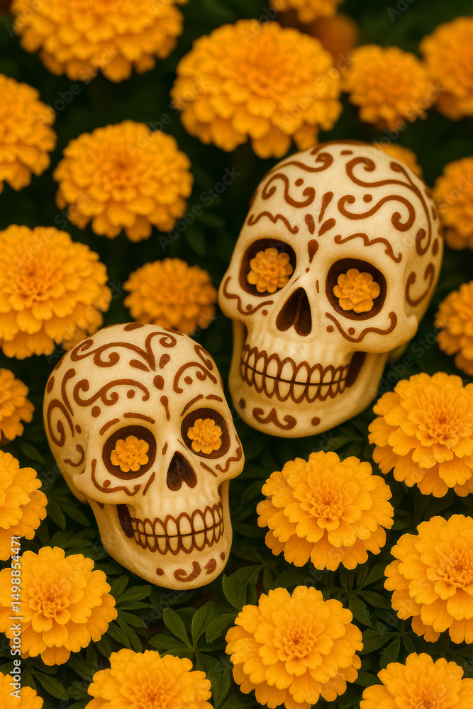 Two sugar skulls with carved patterns surrounded by yellow marigold flowers Two sugar skulls with carved patterns surrounded by yellow marigold flowers