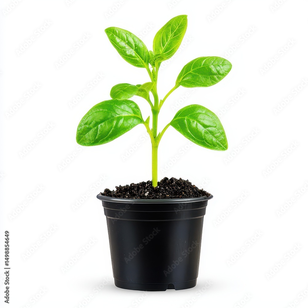 Close up view of a vibrant green seedling in a small, black plastic pot against a stark white background. The plant's leaves are detailed, showcasing a healthy, young sprout. Close up view of a vibrant green seedling in a small, black plastic pot against a stark white background. The plant's leaves are detailed, showcasing a healthy, young sprout.