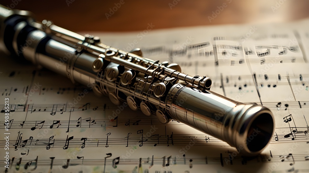 Naklejka premium Flute on a music sheet with soft natural lighting, no face 