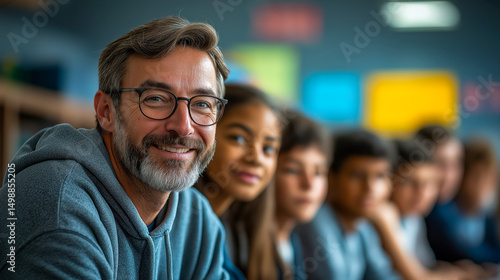 A smiling teacher in a classroom sitting with a diverse group of students