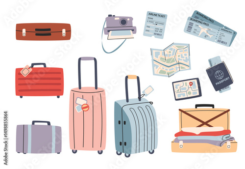 Trip planning world tour concept illustrations set. Travel stickers collection. Summer vacation holiday icons set. Travel destinations choose.